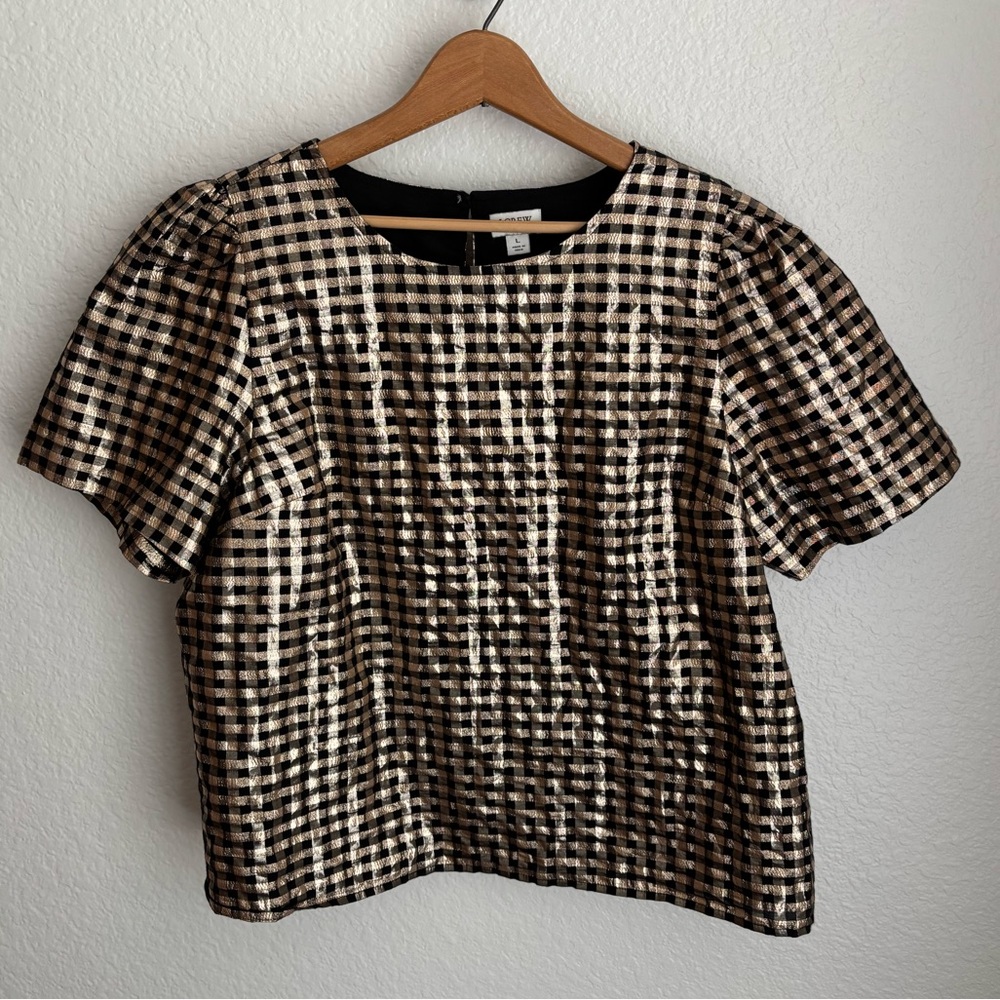 J.Crew Black and Gold Metallic Check Blouse